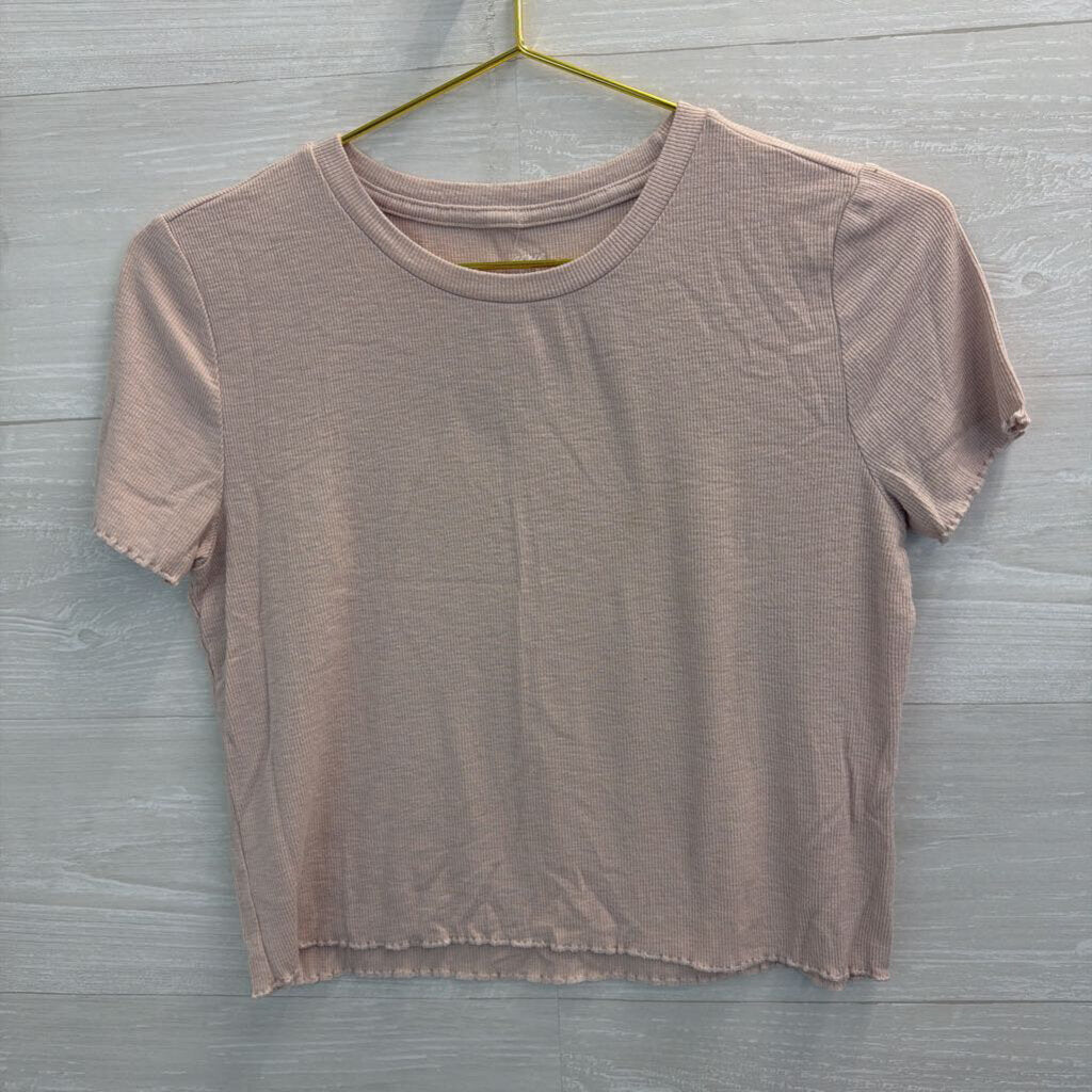 Aerie Pink Ribbed Cropped Short Sleeve Top Small
