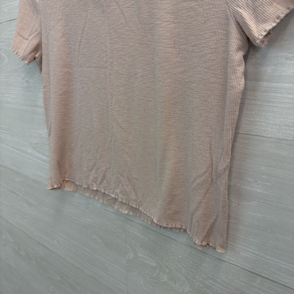Aerie Pink Ribbed Cropped Short Sleeve Top Small