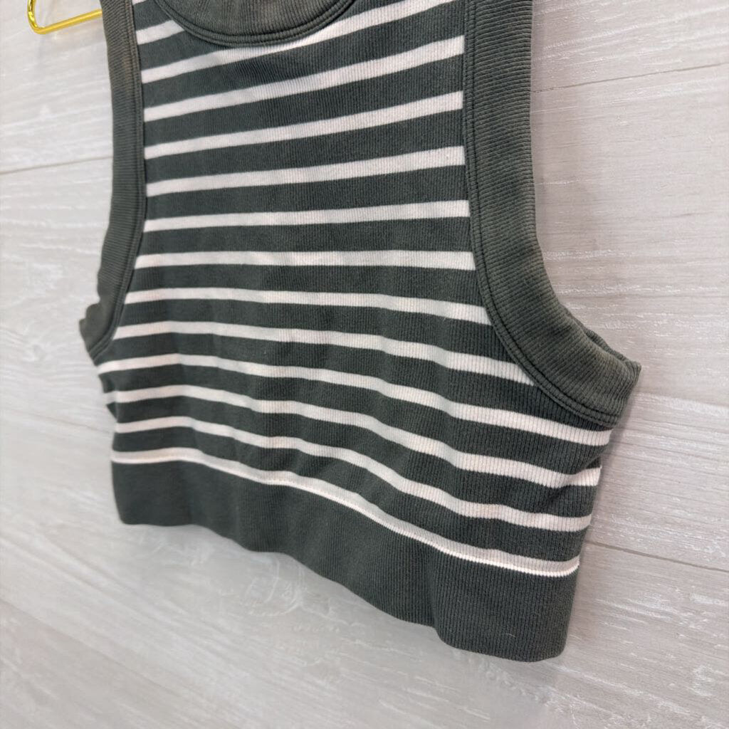 Offline by Aerie Green/ White Striped Cropped Tank Top Small