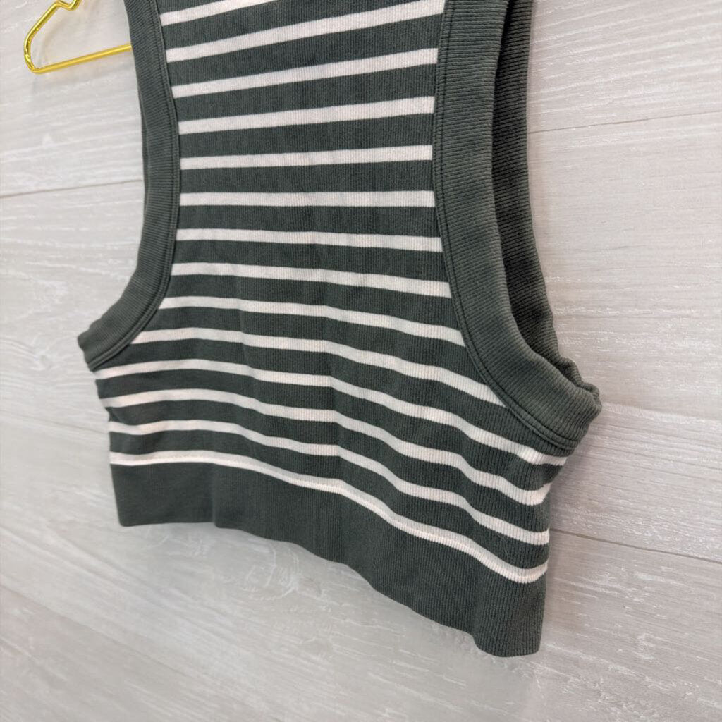 Offline by Aerie Green/ White Striped Cropped Tank Top Small