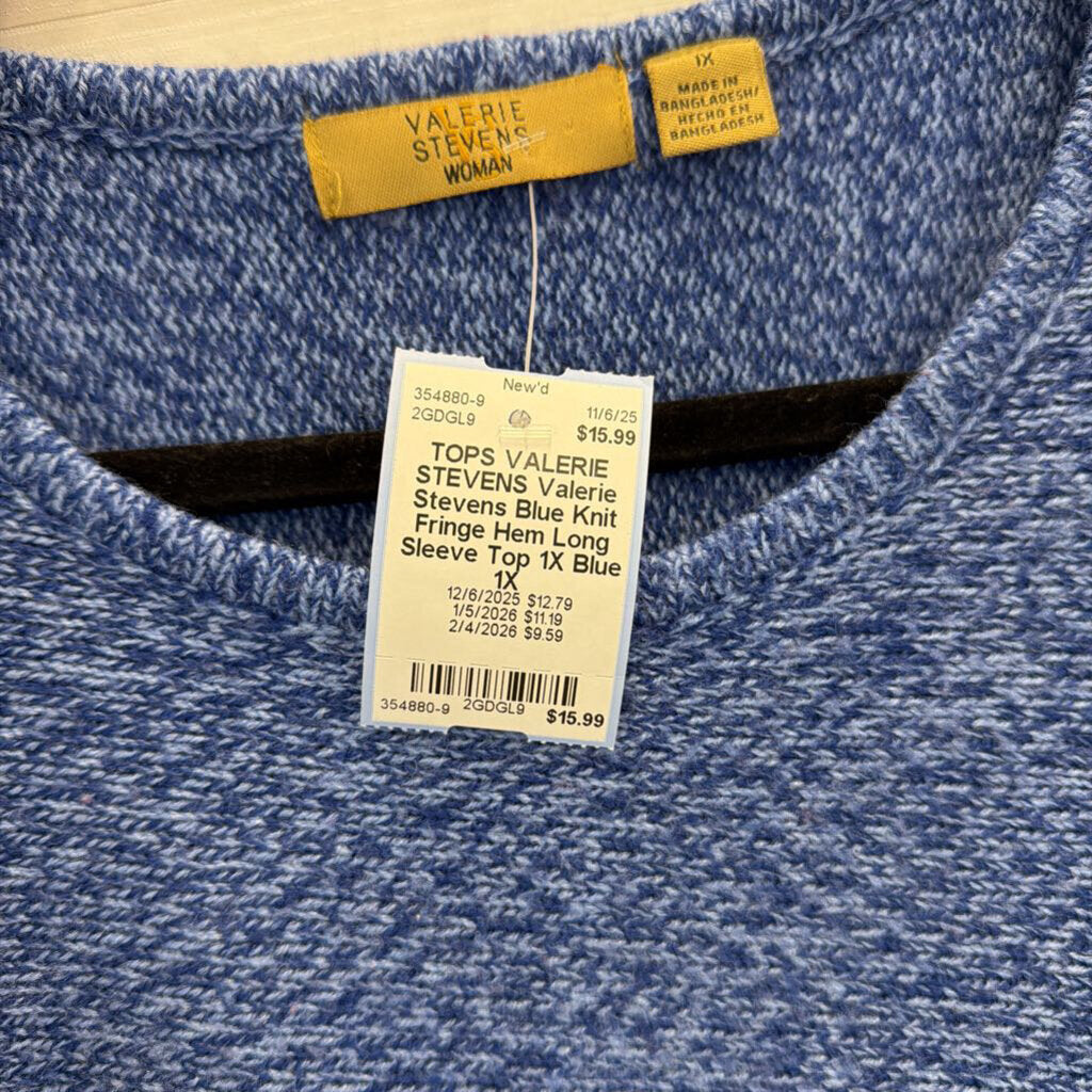 Valerie Stevens Blue Knit Fringe Hem Long Sleeve Top 1X