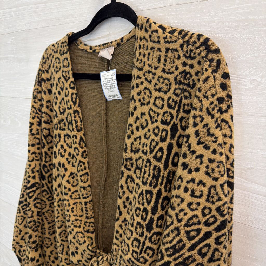 Chicos Brown/ Black Leopard Print Tie Front Long Sleeve Top Extra Large