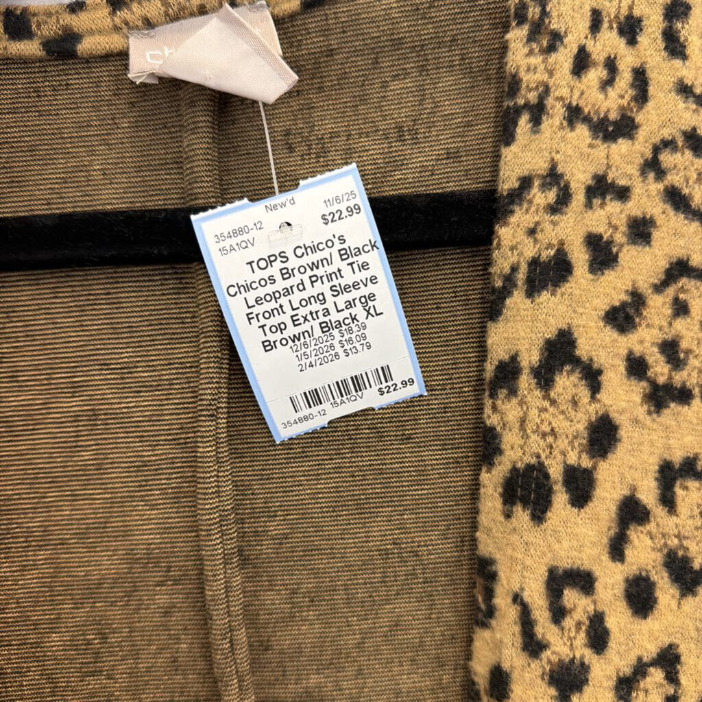 Chicos Brown/ Black Leopard Print Tie Front Long Sleeve Top Extra Large