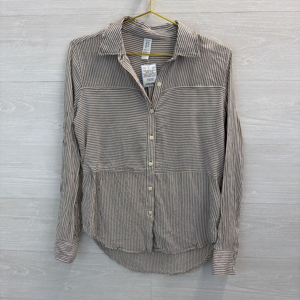 Spanx White/ Grey Striped Long Sleeve Button Down Top Small