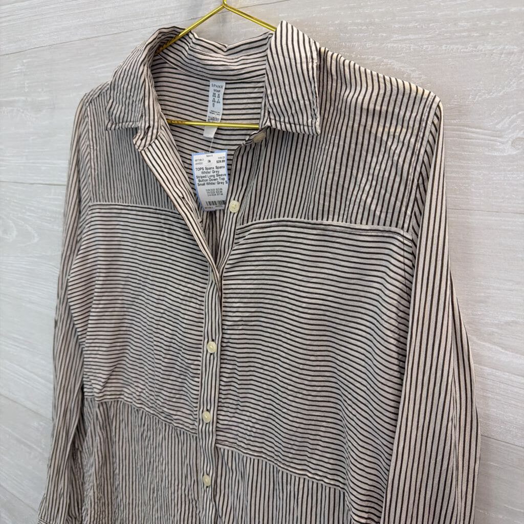 Spanx White/ Grey Striped Long Sleeve Button Down Top Small