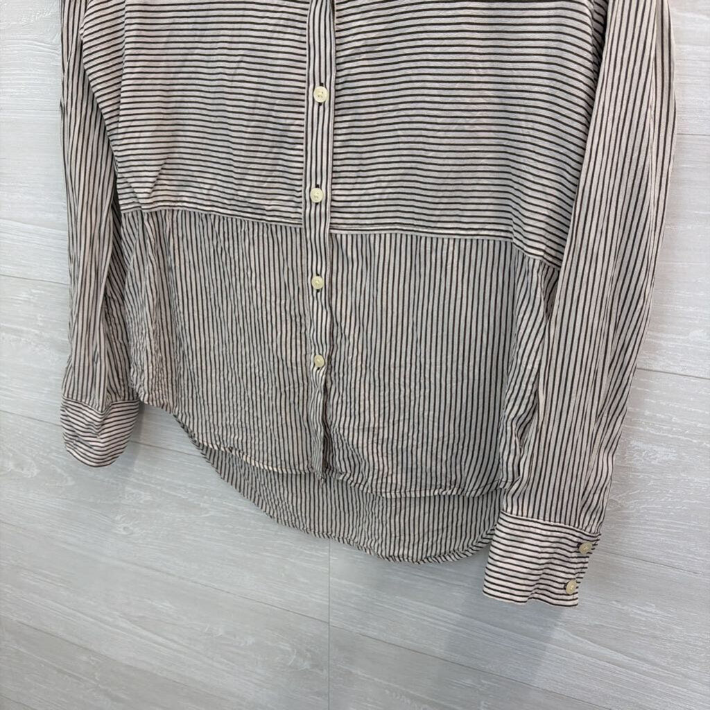 Spanx White/ Grey Striped Long Sleeve Button Down Top Small