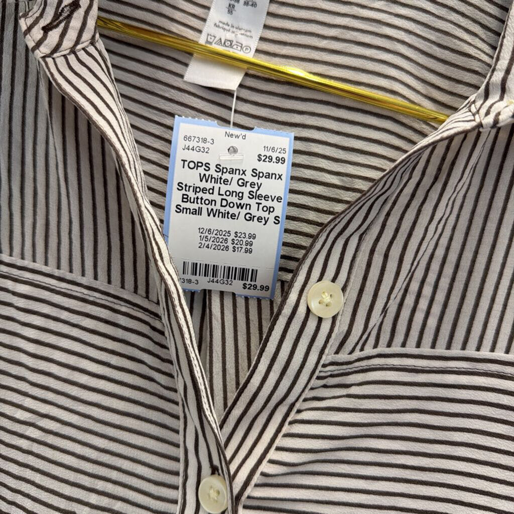 Spanx White/ Grey Striped Long Sleeve Button Down Top Small