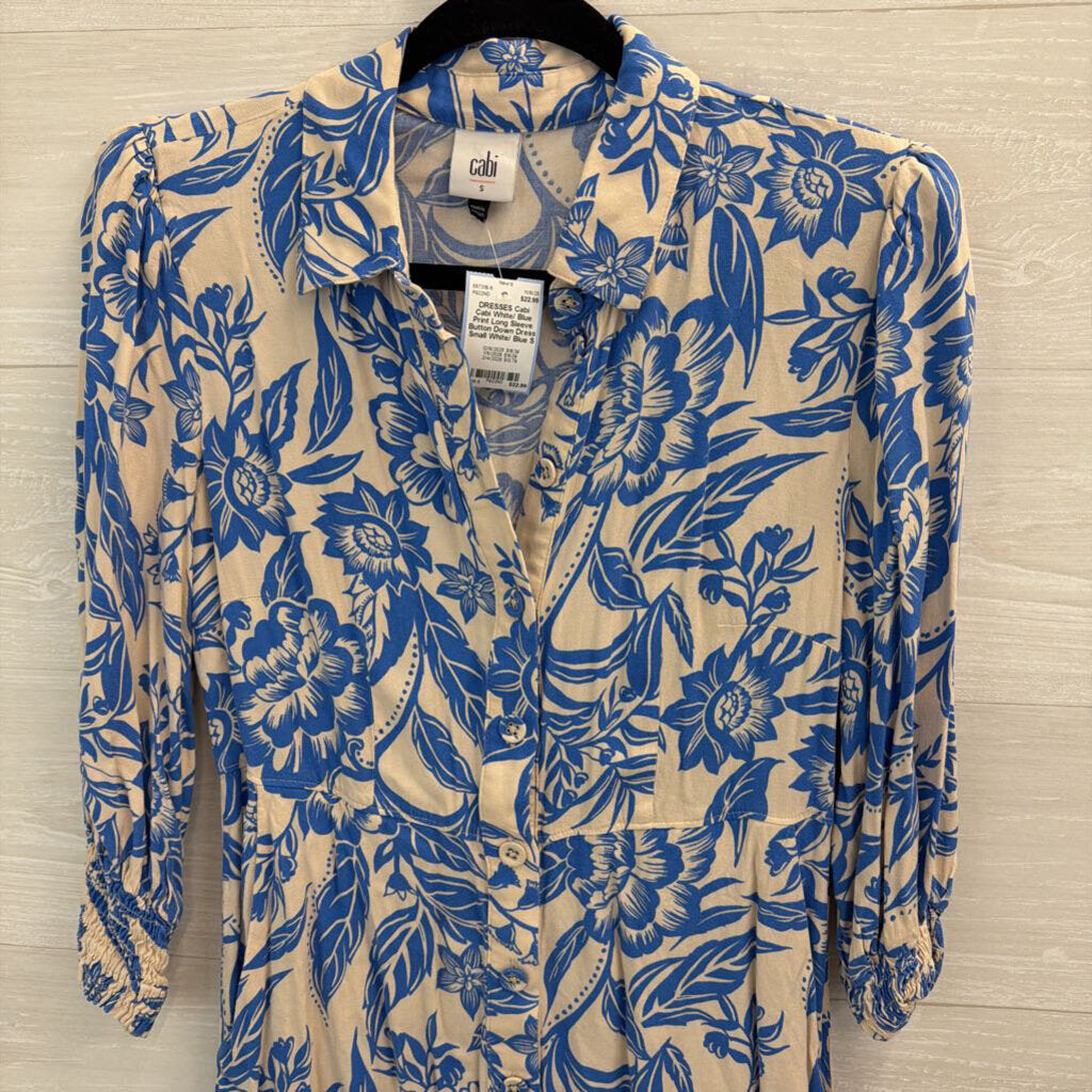 Cabi White/ Blue Print Long Sleeve Button Down Dress Small