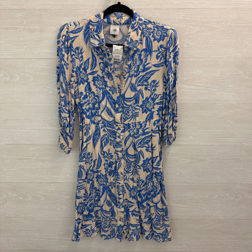 Cabi White/ Blue Print Long Sleeve Button Down Dress Small