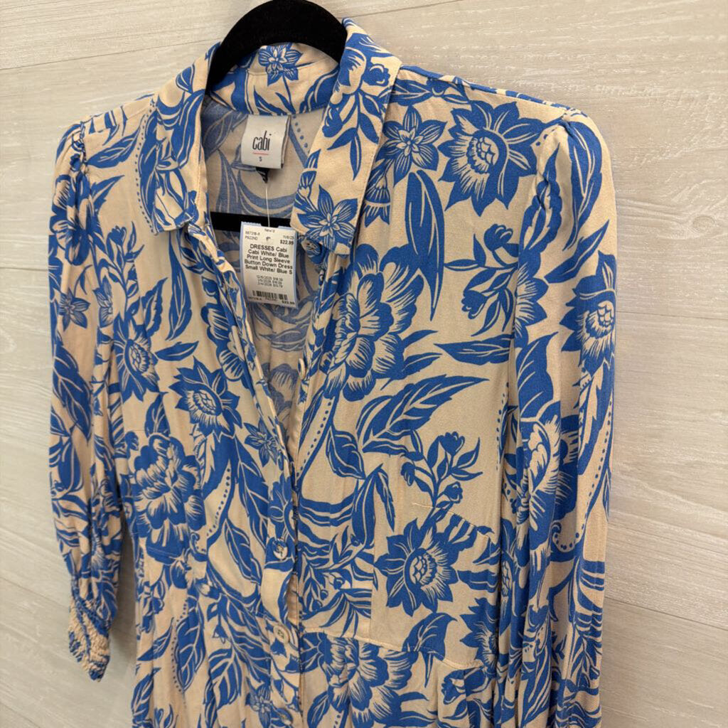 Cabi White/ Blue Print Long Sleeve Button Down Dress Small