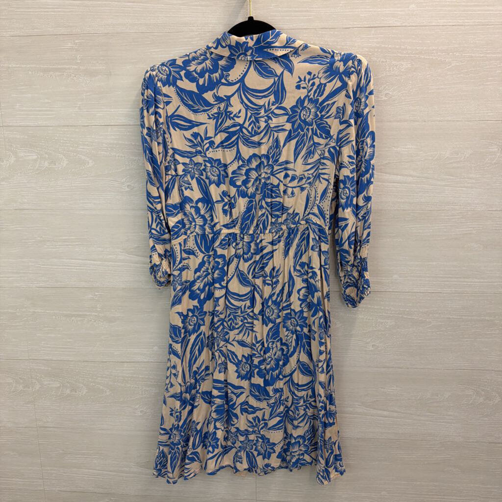 Cabi White/ Blue Print Long Sleeve Button Down Dress Small