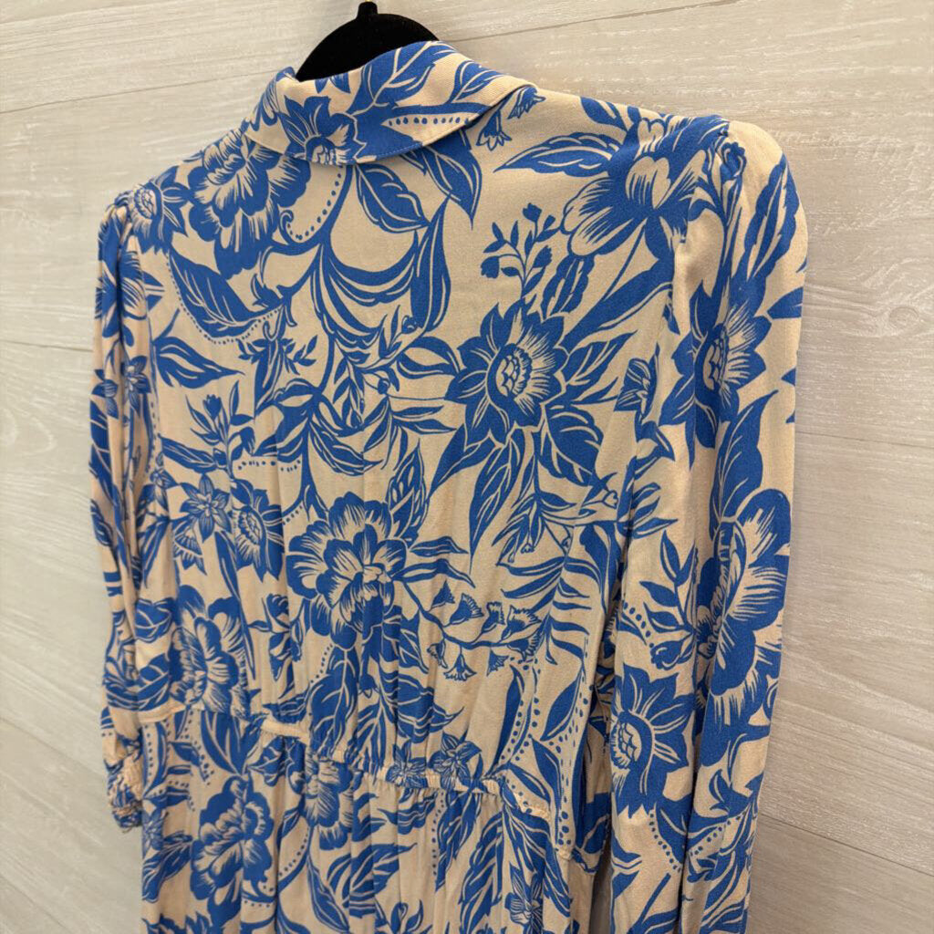 Cabi White/ Blue Print Long Sleeve Button Down Dress Small