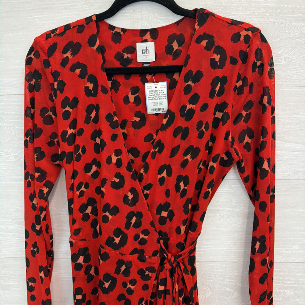 Cabi Red/ Balck Cheetah Print Long Sleeve Wrap Dress Small
