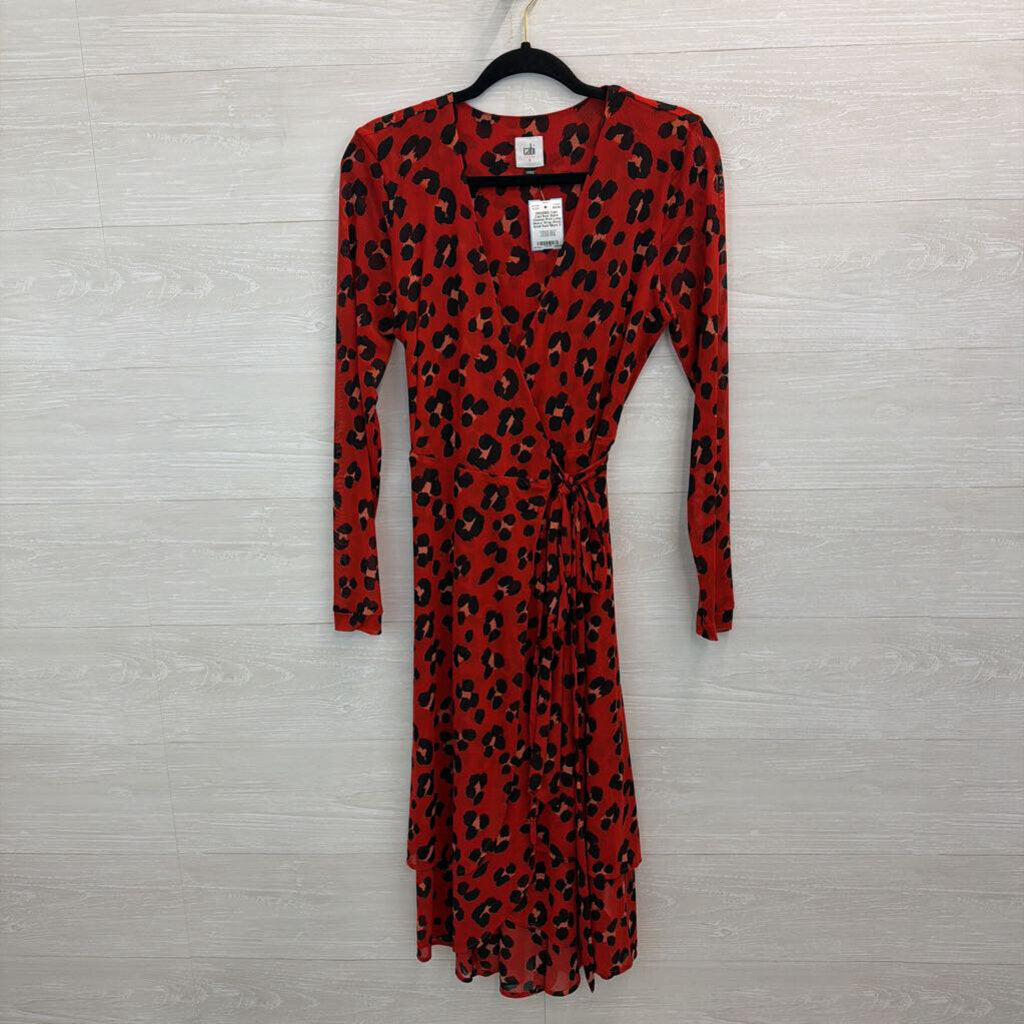 Cabi Red/ Balck Cheetah Print Long Sleeve Wrap Dress Small