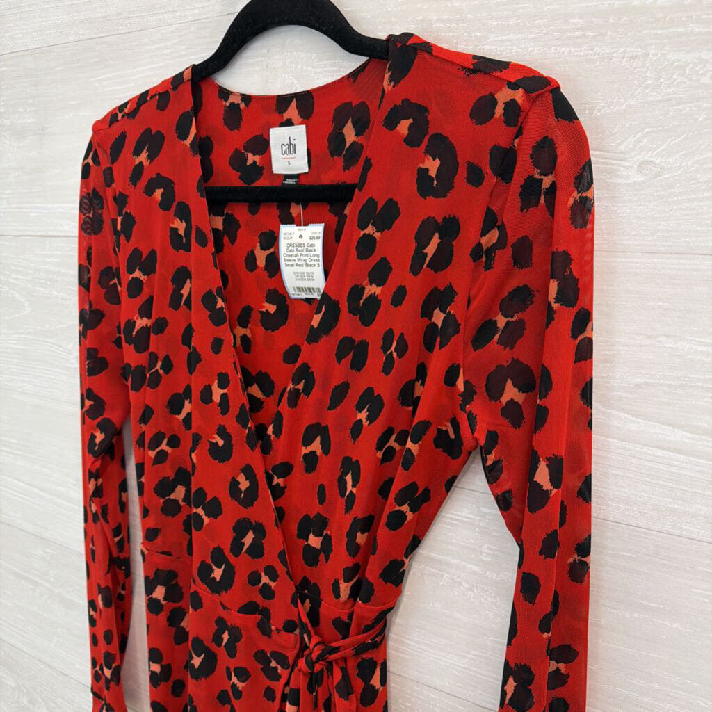 Cabi Red/ Balck Cheetah Print Long Sleeve Wrap Dress Small
