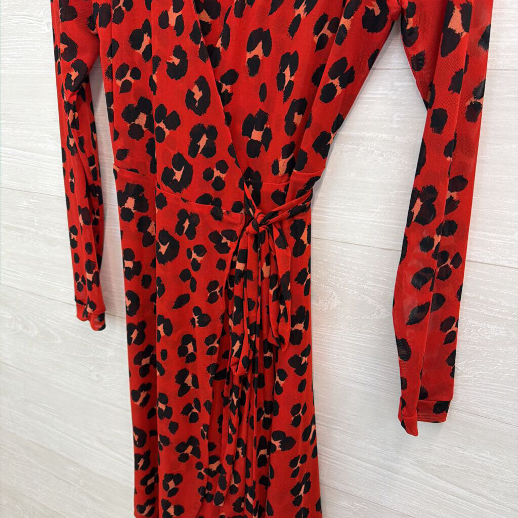 Cabi Red/ Balck Cheetah Print Long Sleeve Wrap Dress Small
