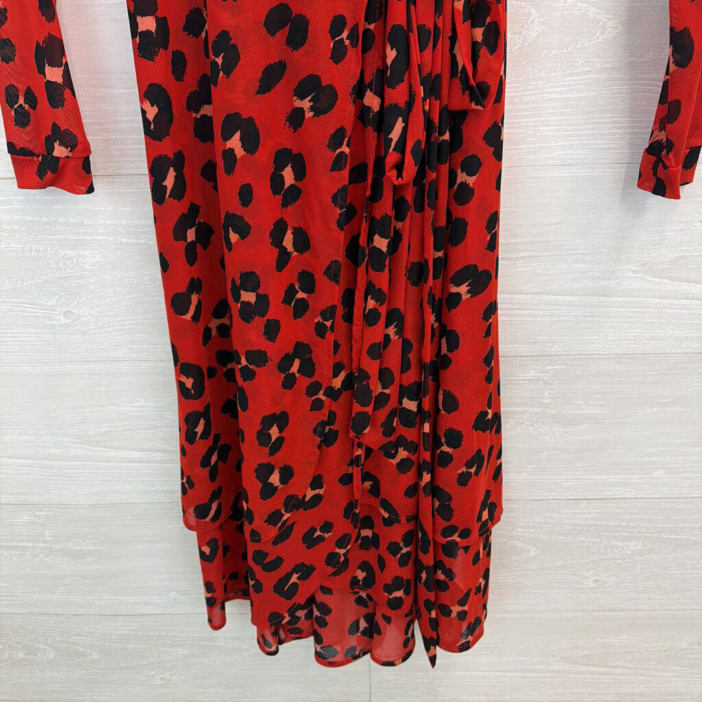 Cabi Red/ Balck Cheetah Print Long Sleeve Wrap Dress Small