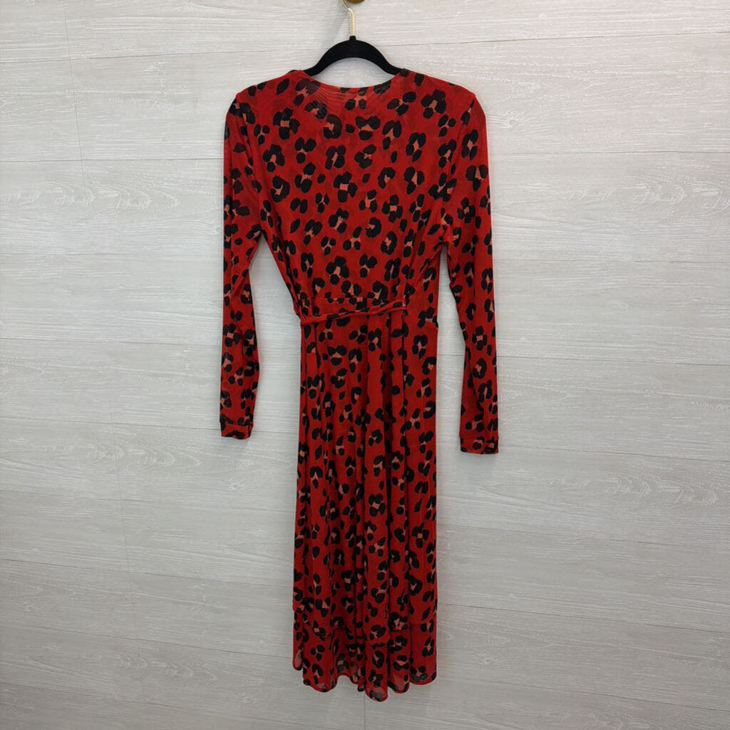 Cabi Red/ Balck Cheetah Print Long Sleeve Wrap Dress Small