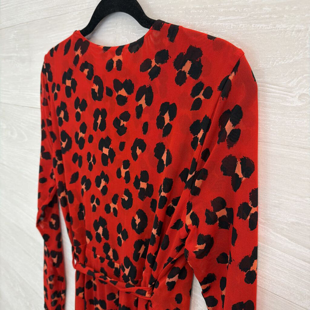 Cabi Red/ Balck Cheetah Print Long Sleeve Wrap Dress Small