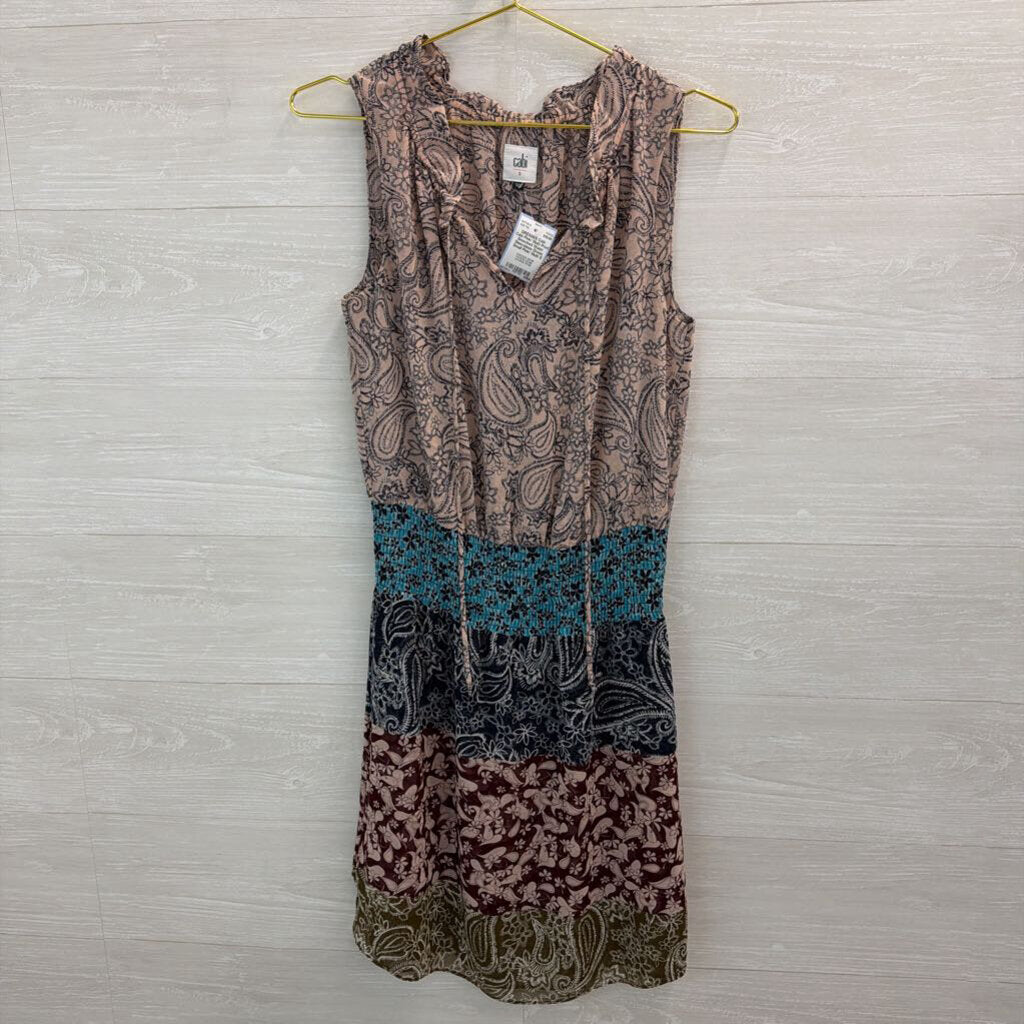 Cabi Pink/ Multi Print Smocked Waist Sleeveless Dress Small