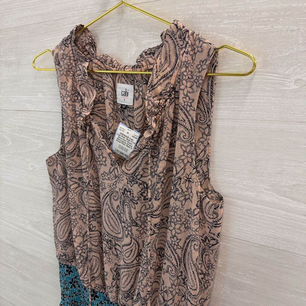 Cabi Pink/ Multi Print Smocked Waist Sleeveless Dress Small