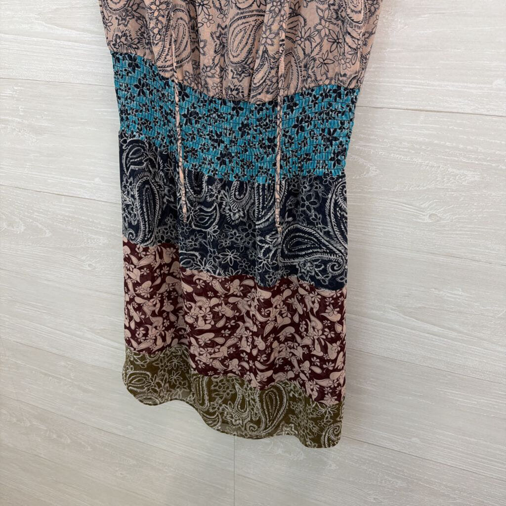 Cabi Pink/ Multi Print Smocked Waist Sleeveless Dress Small