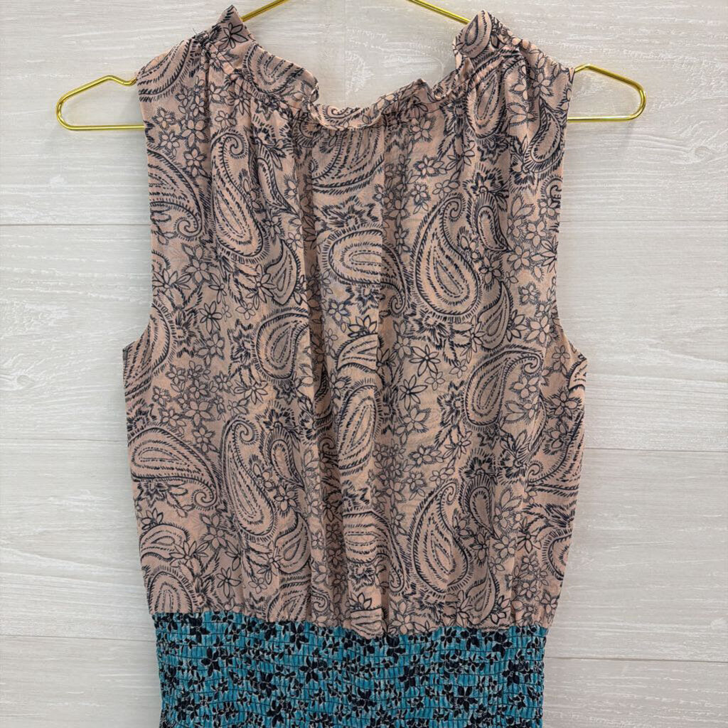 Cabi Pink/ Multi Print Smocked Waist Sleeveless Dress Small