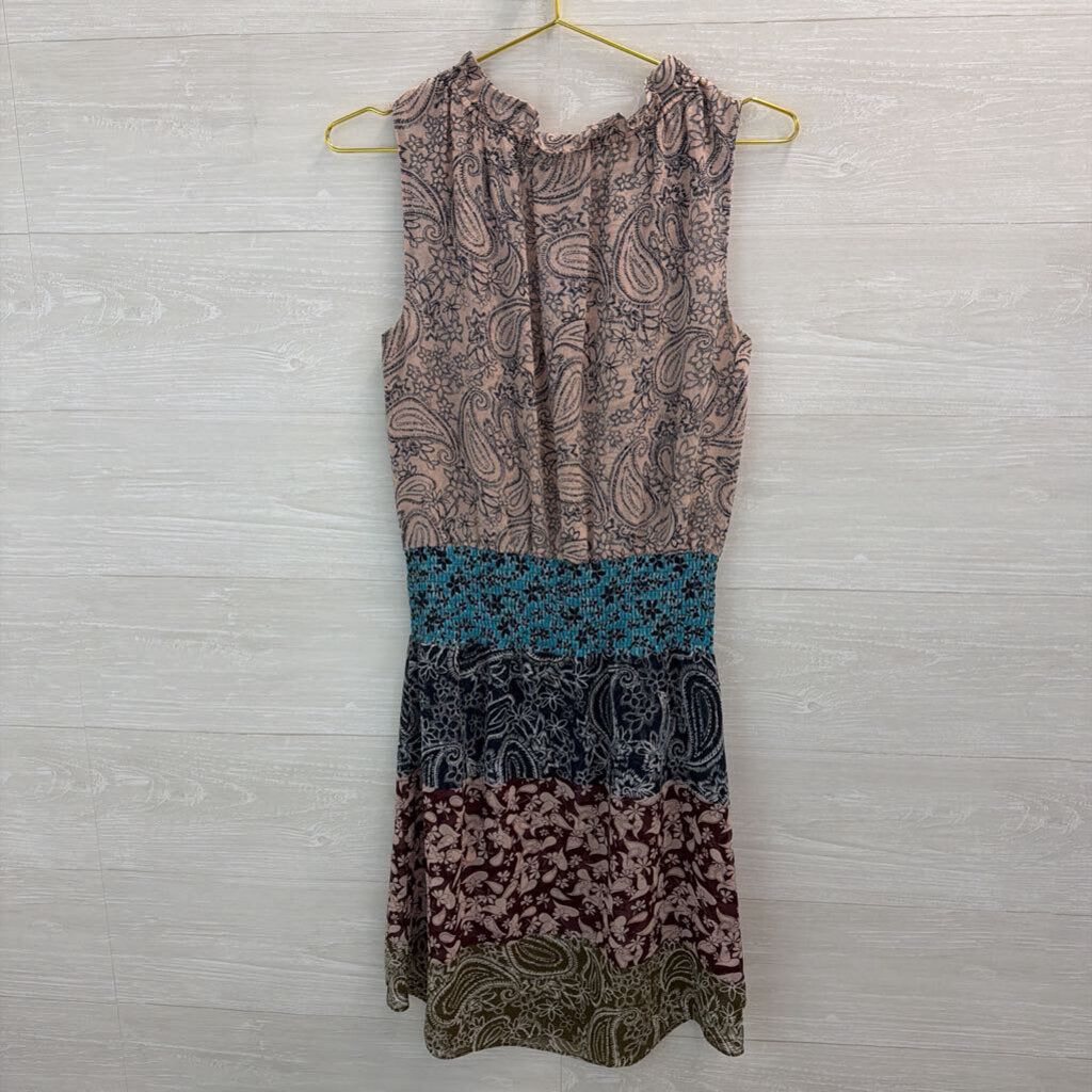 Cabi Pink/ Multi Print Smocked Waist Sleeveless Dress Small