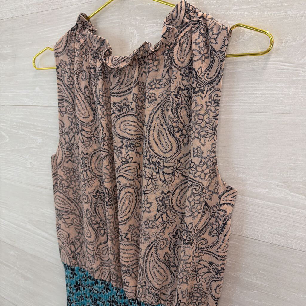 Cabi Pink/ Multi Print Smocked Waist Sleeveless Dress Small