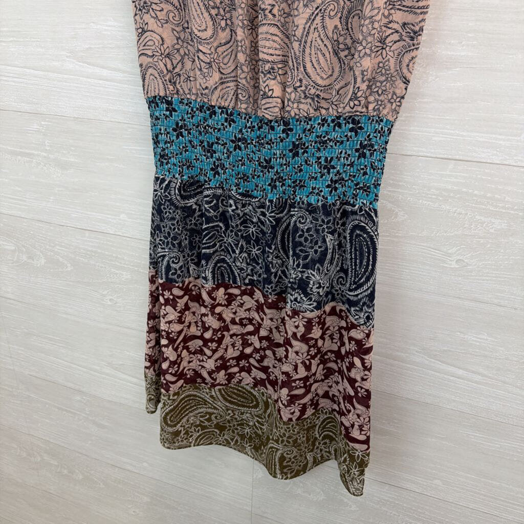 Cabi Pink/ Multi Print Smocked Waist Sleeveless Dress Small