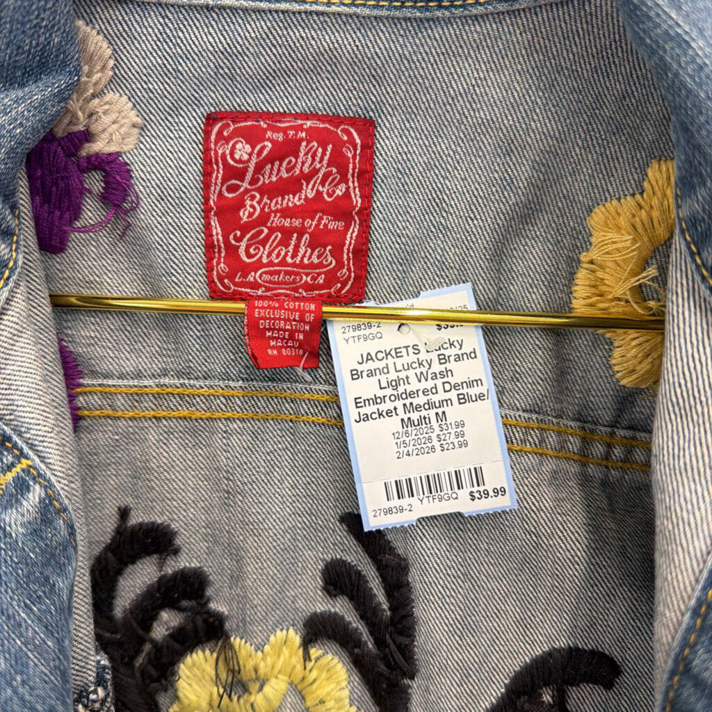 Lucky Brand Light Wash Embroidered Denim Jacket Medium