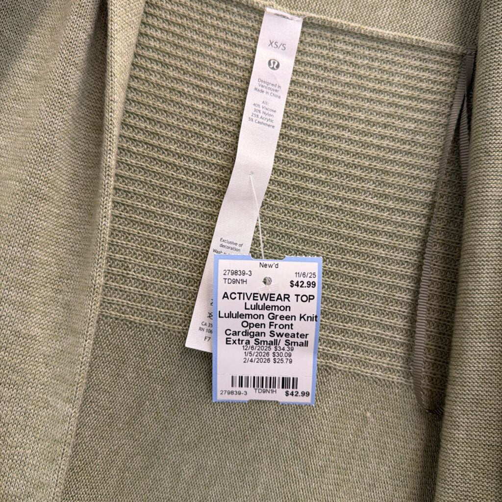 Lululemon Green Knit Open Front Cardigan Sweater Extra Small/ Small