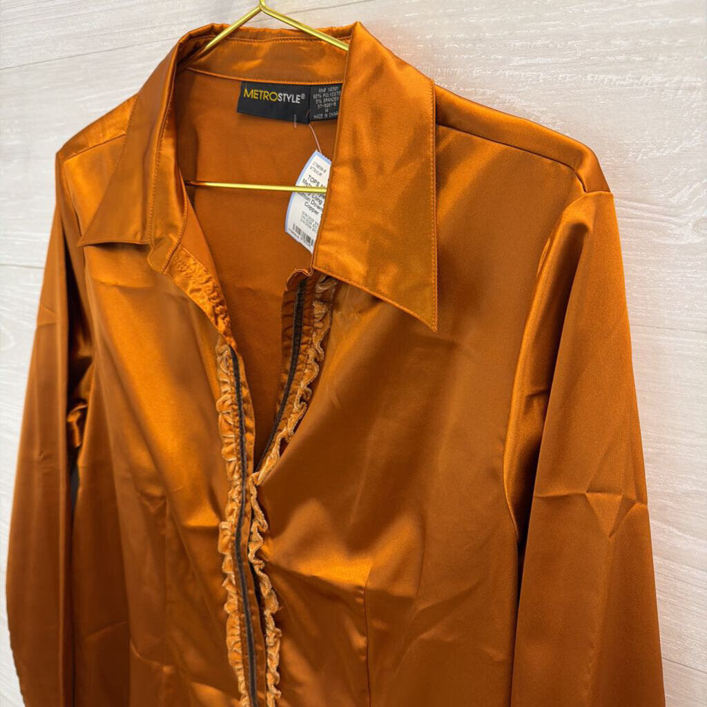 Metro Style Copper Silky Long Sleeve Button Down Top 14