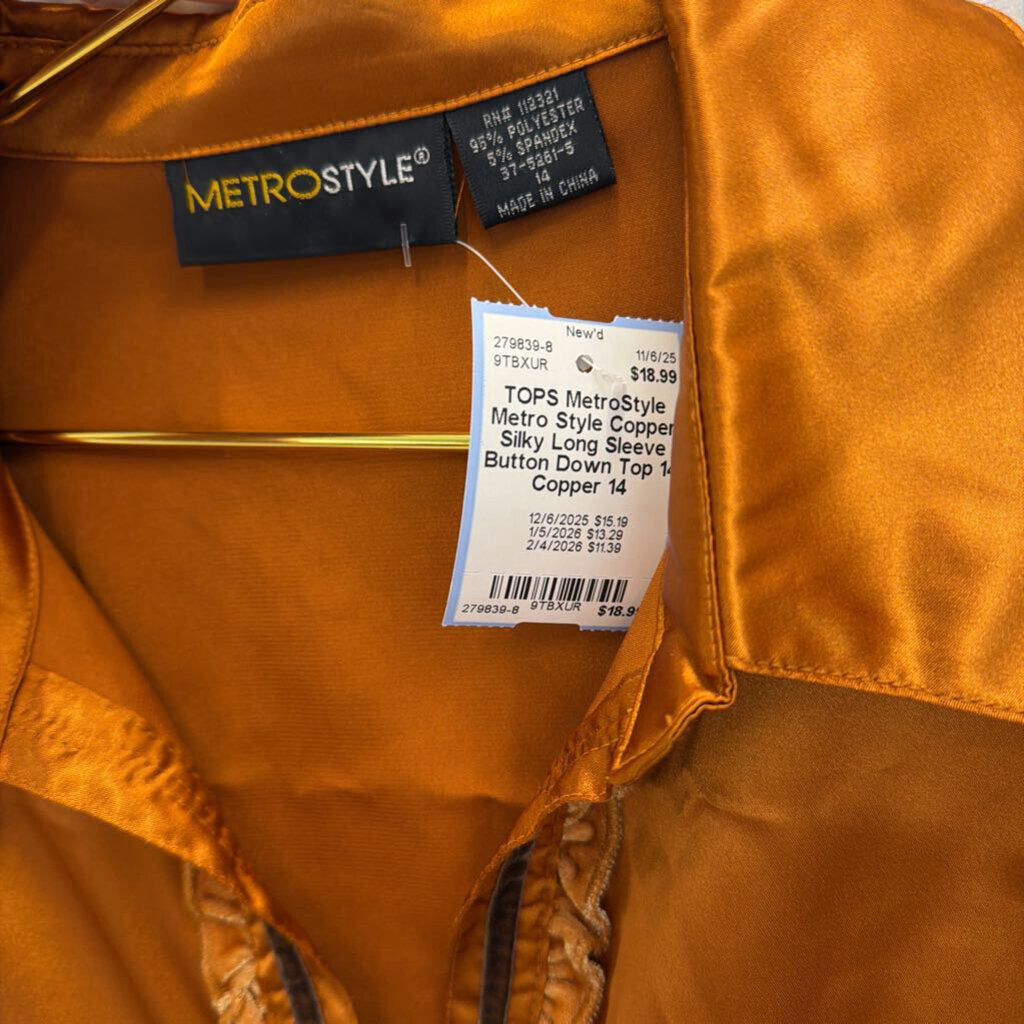 Metro Style Copper Silky Long Sleeve Button Down Top 14