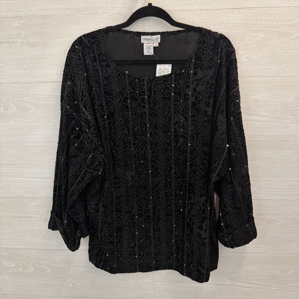 Coldwater Creek Black Velvet Sequin Print Long Sleeve Top Extra Large