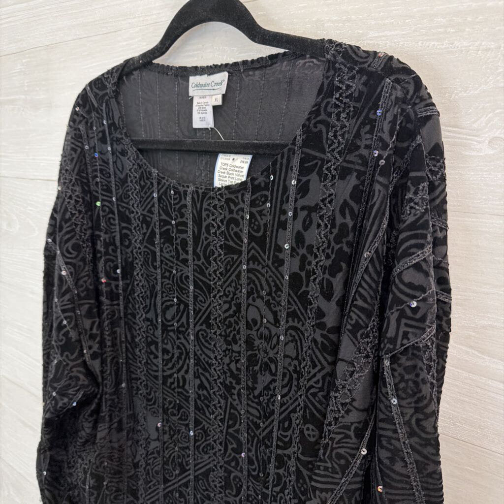 Coldwater Creek Black Velvet Sequin Print Long Sleeve Top Extra Large