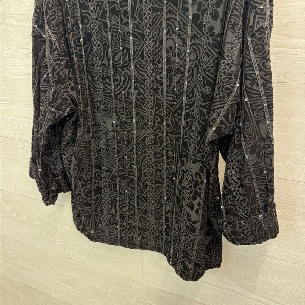 Coldwater Creek Black Velvet Sequin Print Long Sleeve Top Extra Large