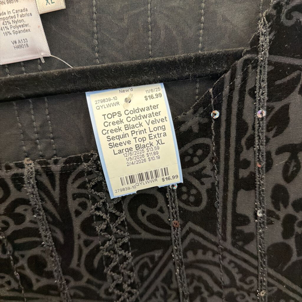 Coldwater Creek Black Velvet Sequin Print Long Sleeve Top Extra Large