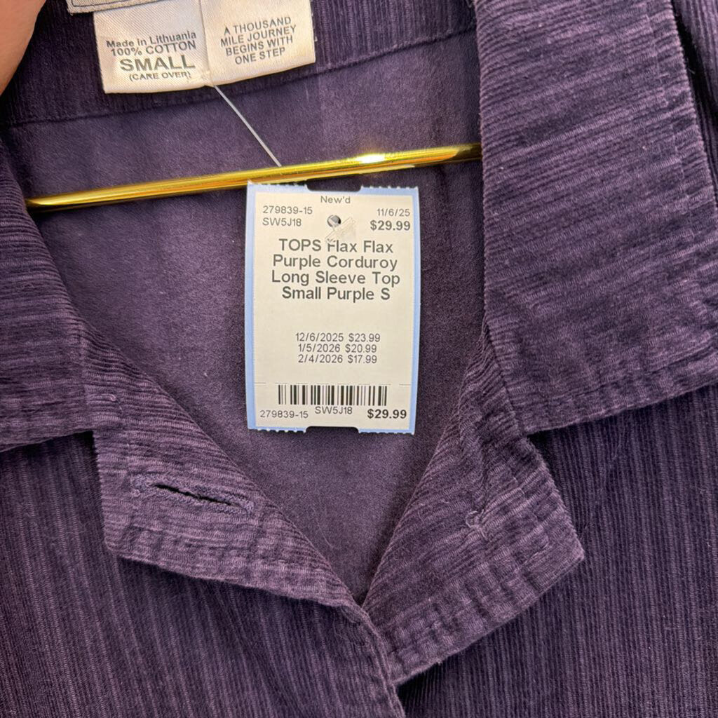 Flax Purple Corduroy Long Sleeve Top Small