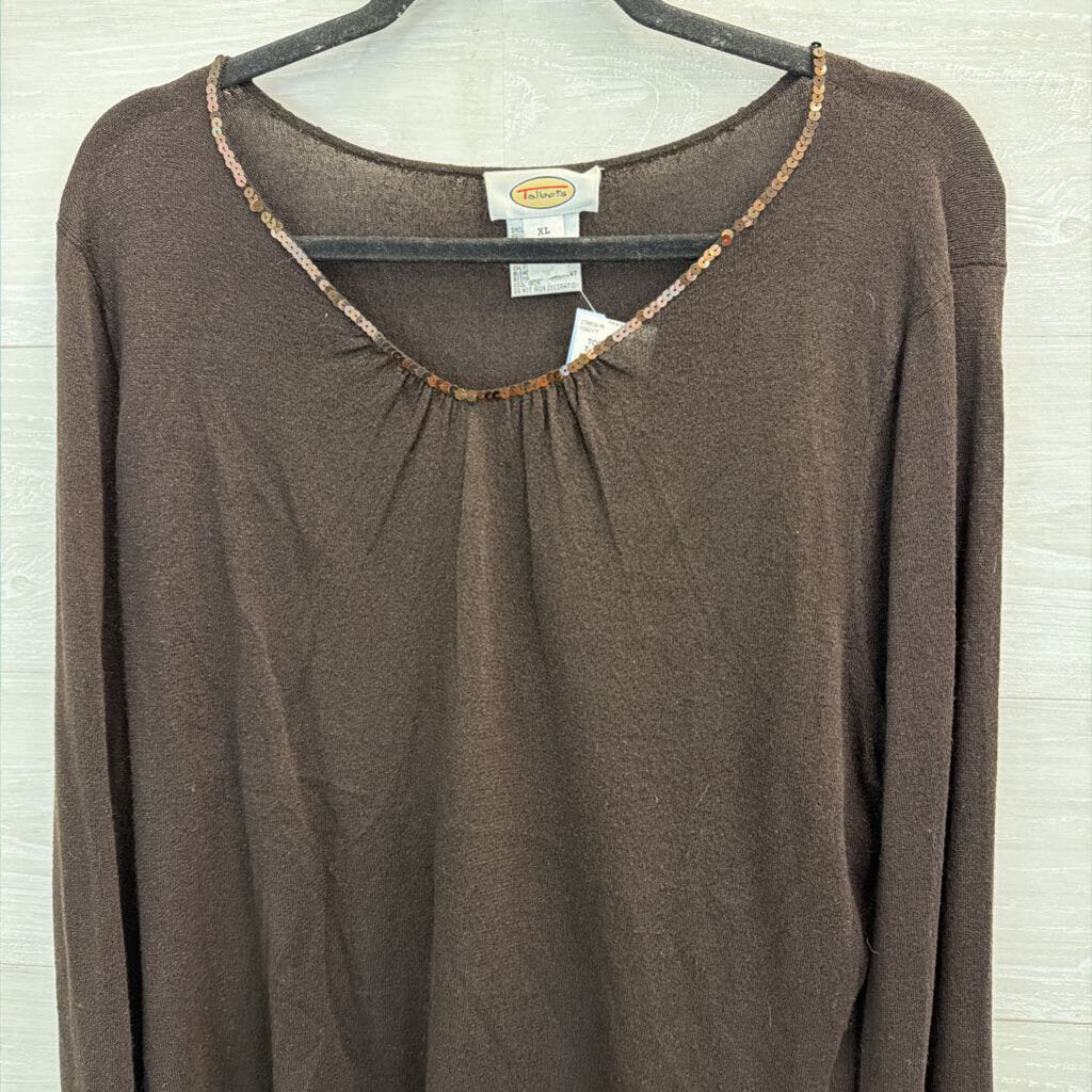 Talbots Brown Sequin Neck Line Long Sleeve Top Extra Large