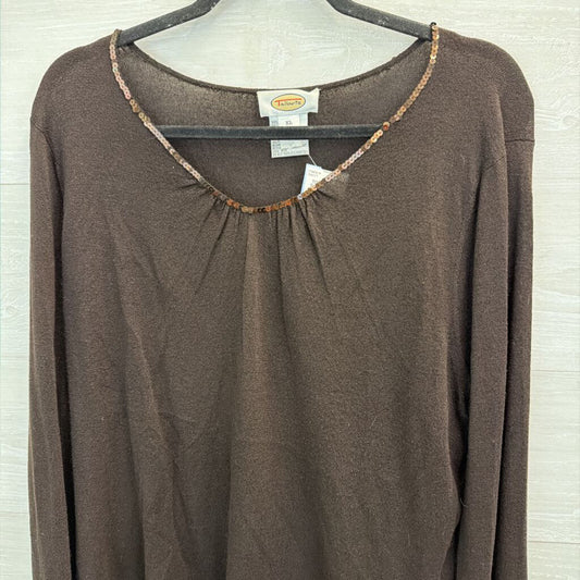 Talbots Brown Sequin Neck Line Long Sleeve Top Extra Large