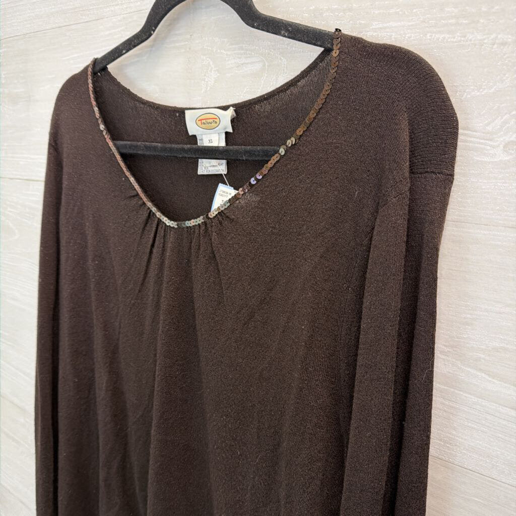 Talbots Brown Sequin Neck Line Long Sleeve Top Extra Large