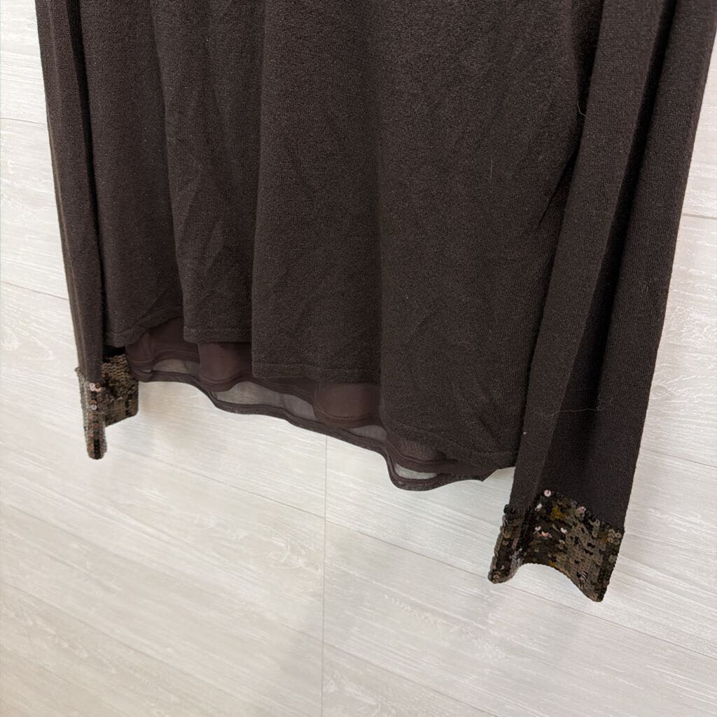 Talbots Brown Sequin Neck Line Long Sleeve Top Extra Large