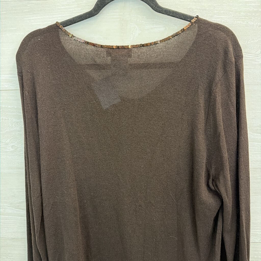 Talbots Brown Sequin Neck Line Long Sleeve Top Extra Large