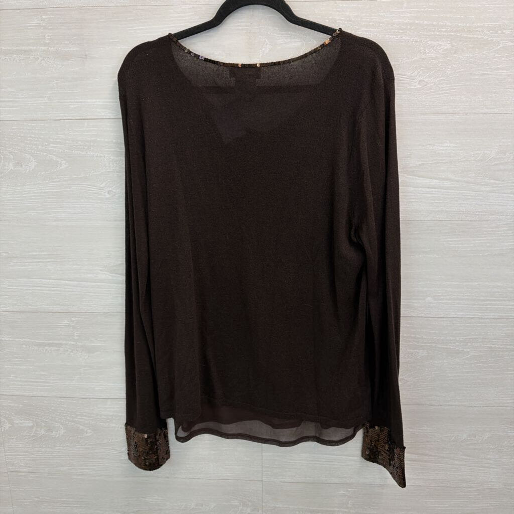 Talbots Brown Sequin Neck Line Long Sleeve Top Extra Large
