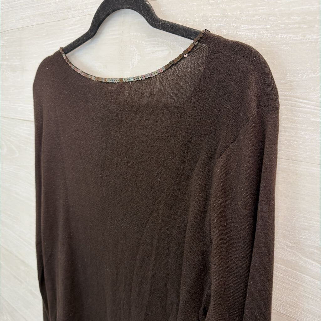 Talbots Brown Sequin Neck Line Long Sleeve Top Extra Large