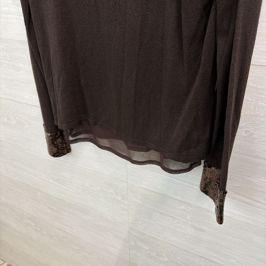 Talbots Brown Sequin Neck Line Long Sleeve Top Extra Large