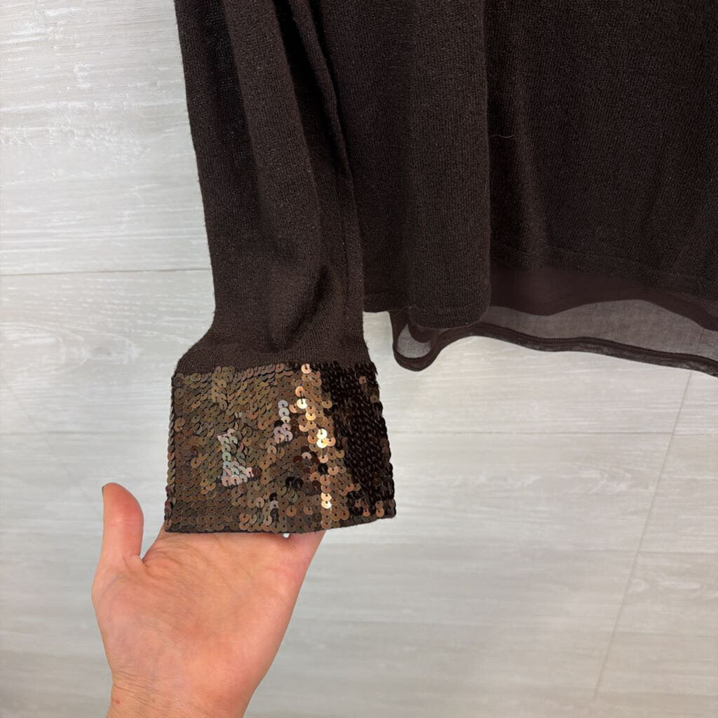 Talbots Brown Sequin Neck Line Long Sleeve Top Extra Large