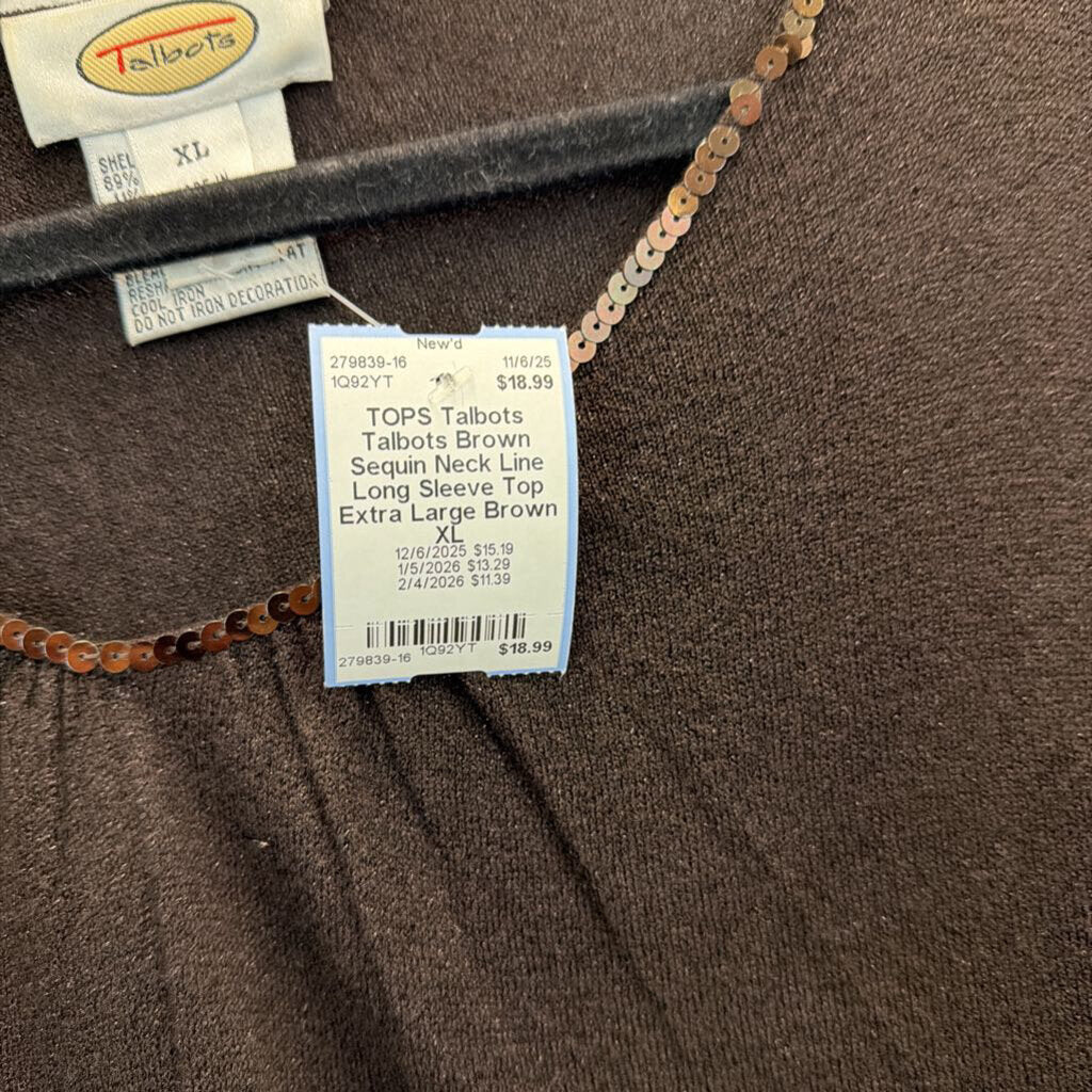 Talbots Brown Sequin Neck Line Long Sleeve Top Extra Large