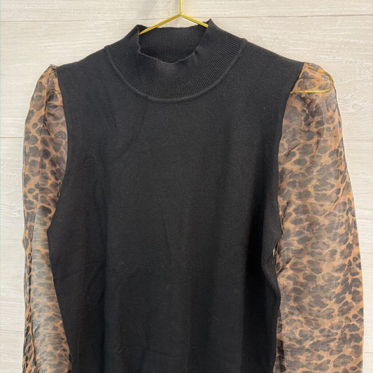 Sioni Black Mock Neck Leopard Print Long Sleeve Top Medium